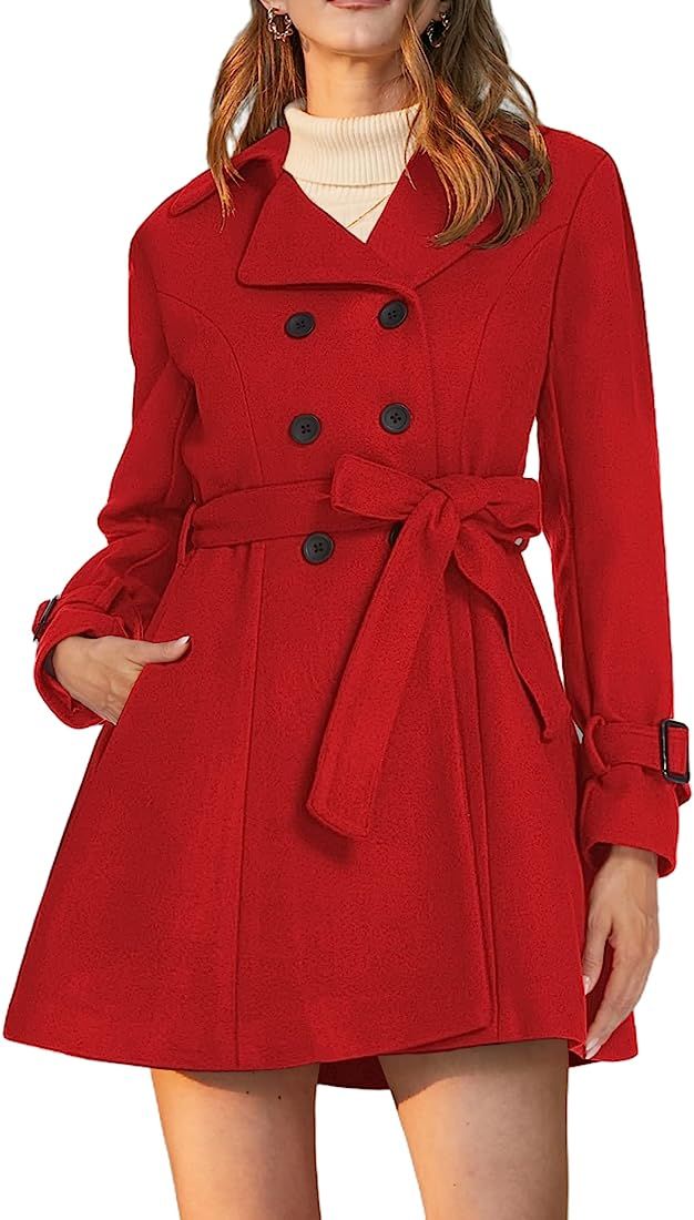 Womens Long Winter Coats Lapel Wrap Belted Mid-Long Double Breasted Pea Coats Fashion Warm Tan Coat  | Amazon (US)