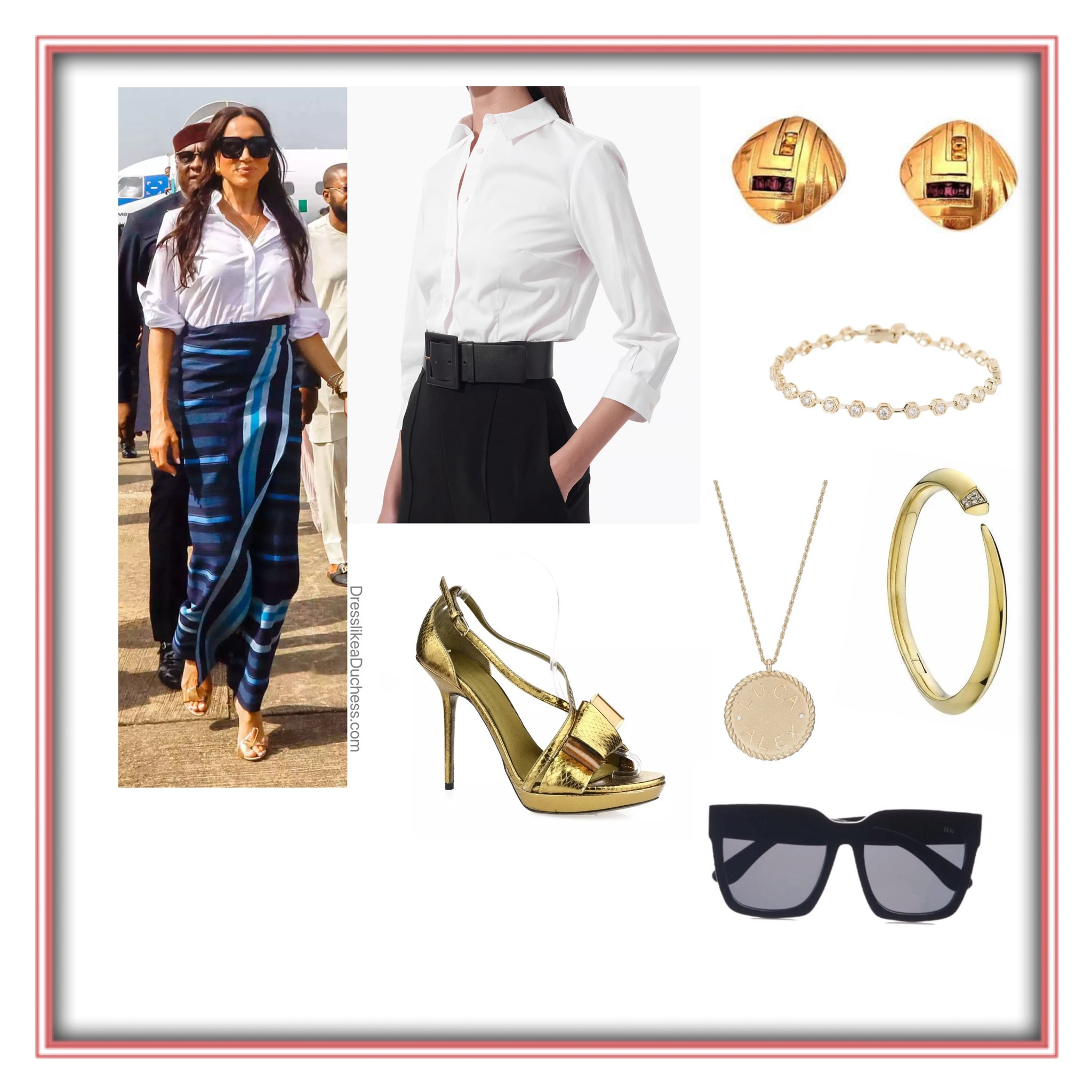 Meghan Markle in Carolina Herrera classic poplin shirt and traditional aso oke