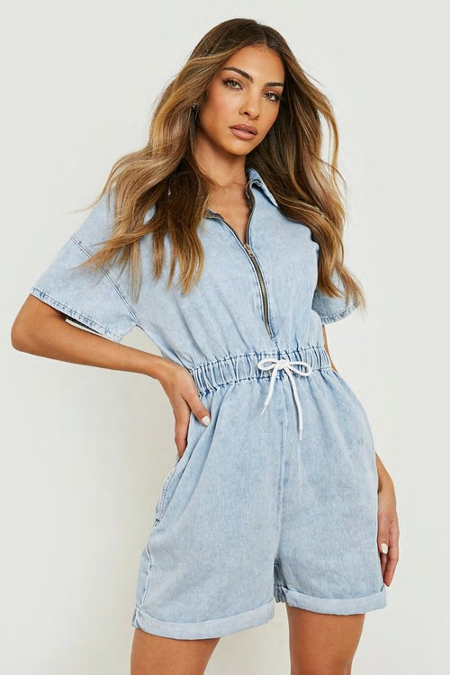 Zip Up Drawcord Denim Romper | Boohoo.com (US & CA)