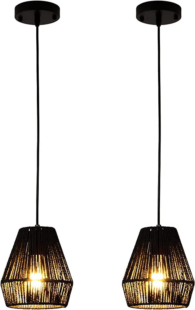 PINDODO Modern Woven Pendant Light Fixtures,2 Pack Black Rattan Pendant Lights Basket Light Fixtu... | Amazon (US)