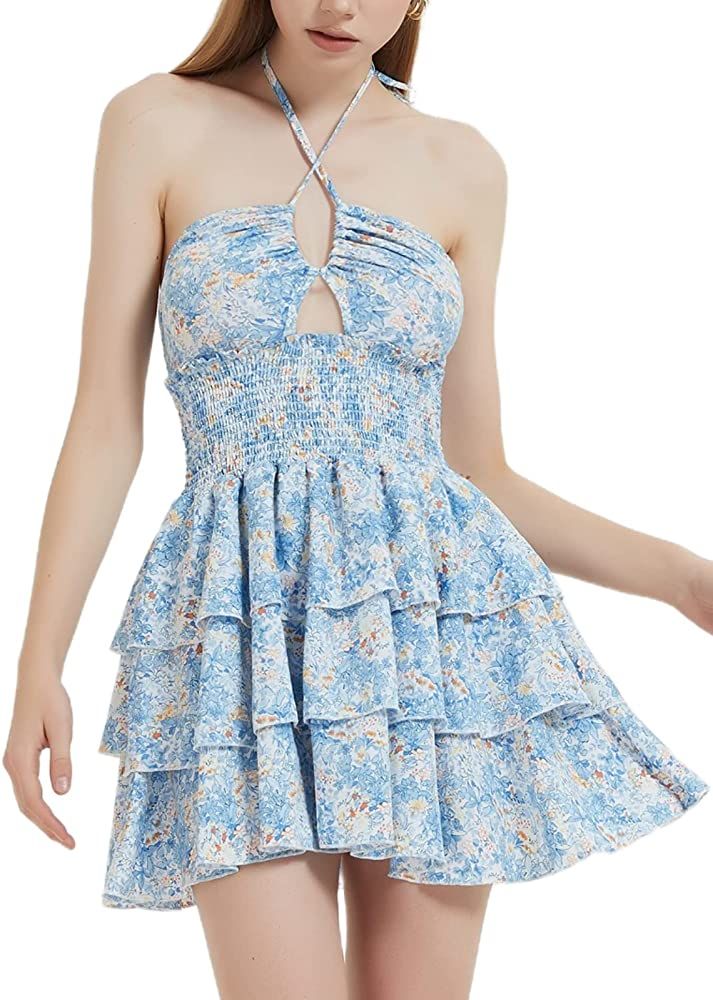 Mebius Womens Halter Criss Cross Floral Mini Dress Smocked Waist Tiered Hem Backless A Line Short... | Amazon (US)