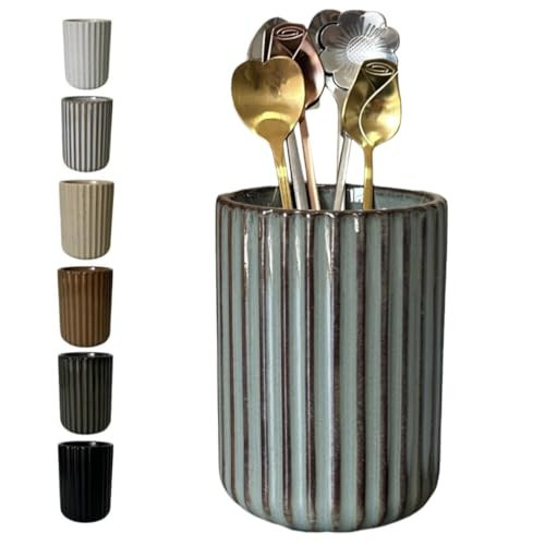 Stoneware Coffee Bar Utensil Holder Tea & Coffee Spoon & Stirrer Holder for Stir Stick Straw Teaspoon Holder Spoon Cup Small Utensil Jar Fluted Vertical Stripe (Retro Grey) | Amazon (US)