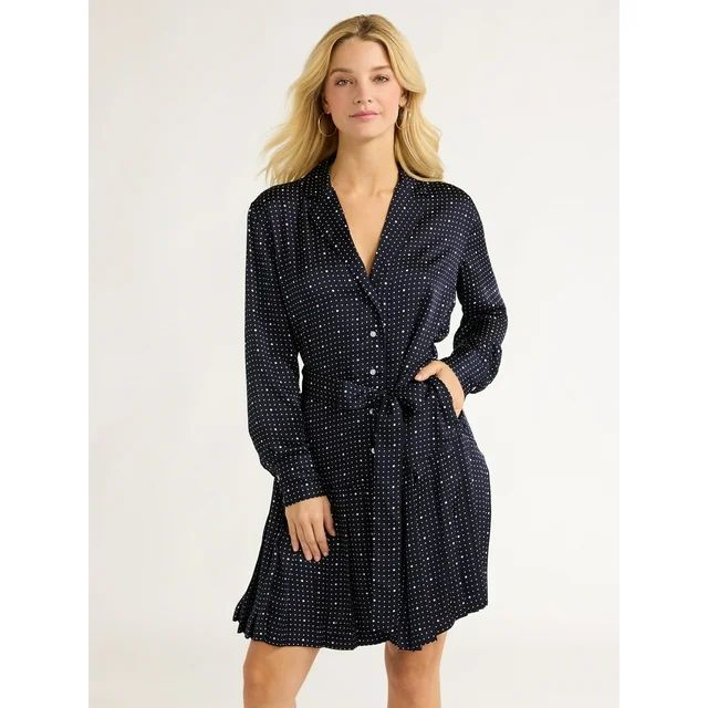 Free Assembly Women's Pleated Mini Shirtdress with Long Sleeves, Sizes XS-XXL - Walmart.com | Walmart (US)