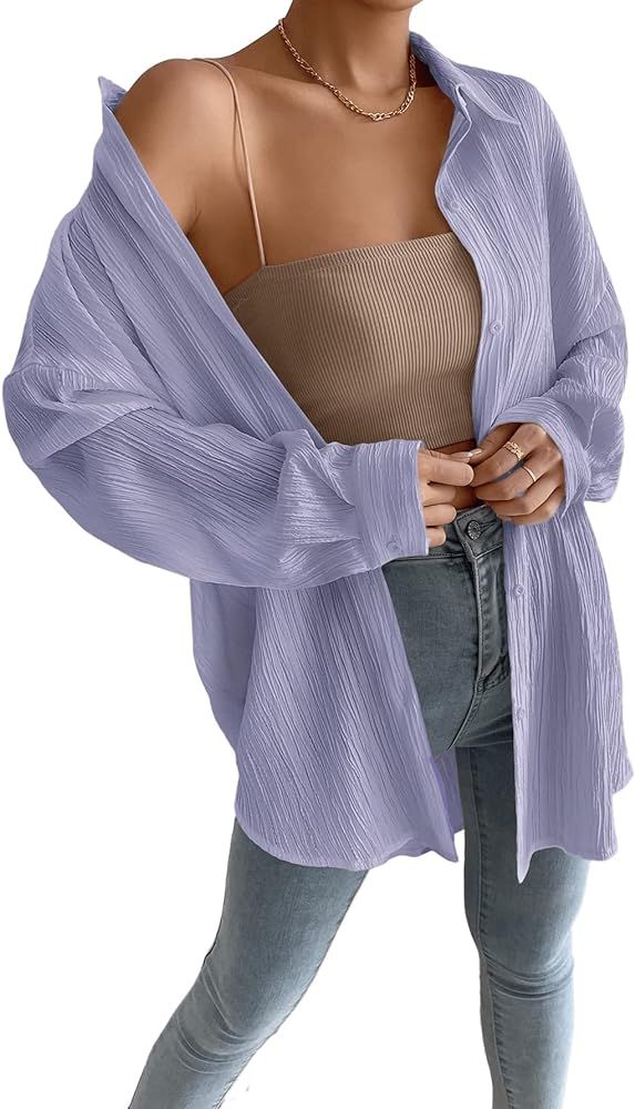 SweatyRocks Women's Long Sleeve Collared Tunic Blouse Oversized Long Button Down Shirt | Amazon (US)