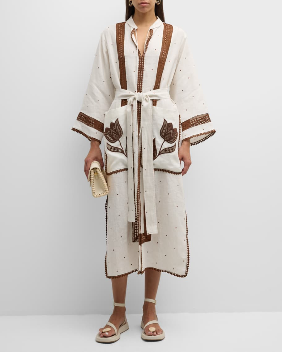 Floral-Embroidered Lace-Trim Midi Dress | Neiman Marcus