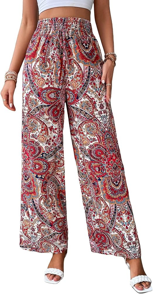 Floerns Women's Leopard Print Straight Leg Pants Loose Drawstring Waist Trousers | Amazon (US)