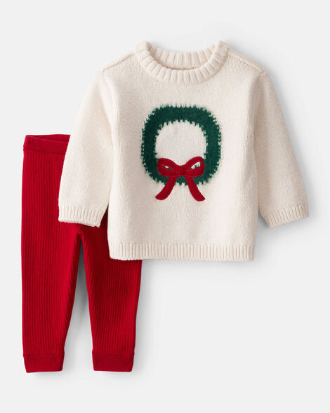 Baby Girl 2-Piece Wreath Long-Sleeve Sweater & Pant Set - White/Red | Carter's Inc