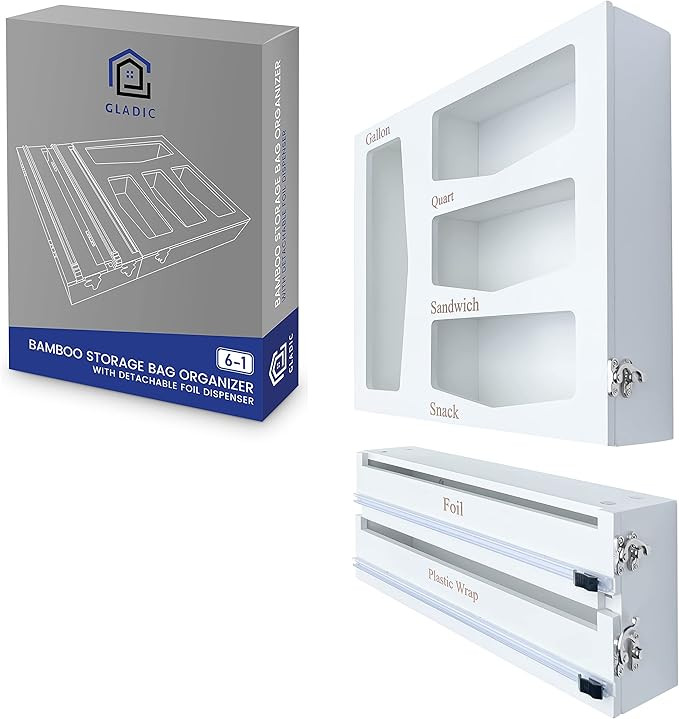 Ziplock Bag Organizer Bamboo, 6 in 1 Foil and Plastic Wrap Organizer With Cutter, Bag Storage Org... | Amazon (US)