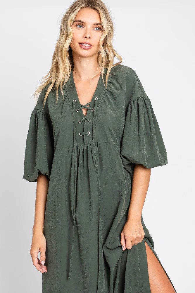 Forest Green Lace Up 3/4 Sleeve Side Slit Maxi Dress | PinkBlush Maternity