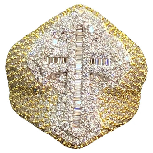 8.98 Cts Baguette Round Cut F/VS1 Diamonds Men's Hip Hop Cross Ring in 14K Gold