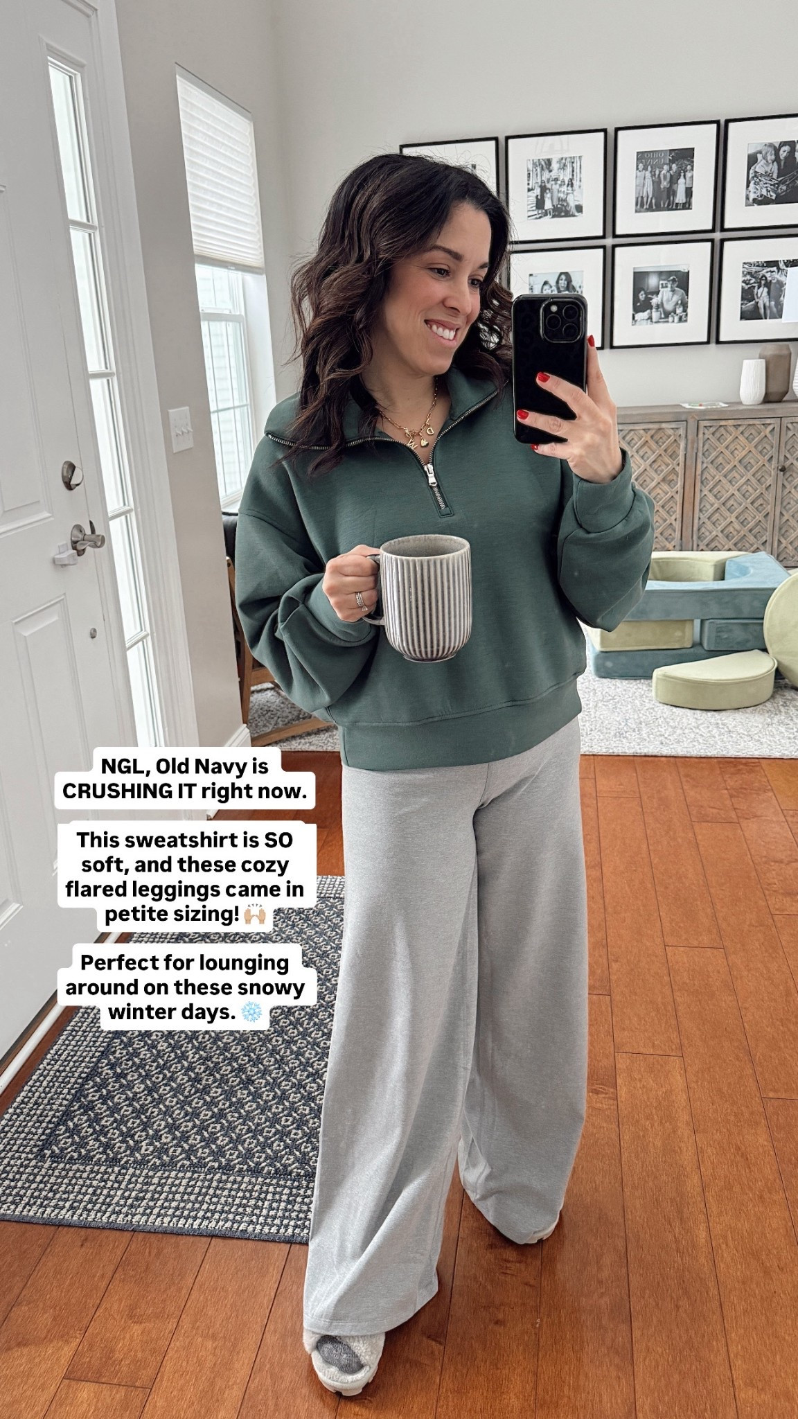 Seriously, I’ve been so impressed with Old Navy lately!! I’ve been finding so many great, affordable basics - tees, sweaters, and even petite bottoms! 🙌🏼 And everything has washed well, too. 

The green sweatshirt and grey flared leggings pictured here are my latest finds, so I had to share. They’re so cozy and true to size. 

I’m 5’1 and around 130lbs. I’m wearing a small on top and small petite in bottom.

Lmk if you have questions!! ♥️

#LTKmomlife #LTKPetite #LTKootd