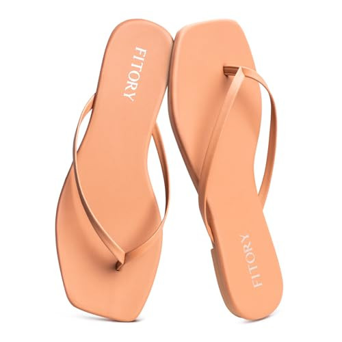 FITORY Womens Flip Flops, Square Open Toe Leather Thong Sandals, Comfortable and Dressy Flat Slides on Summer 2026 for Casual Walking Nude Size 9 | Amazon (US)