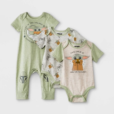 Baby Boys' 3pk Star Wars Baby Yoda Short Sleeve Romper and Bodysuit Set - Green | Target