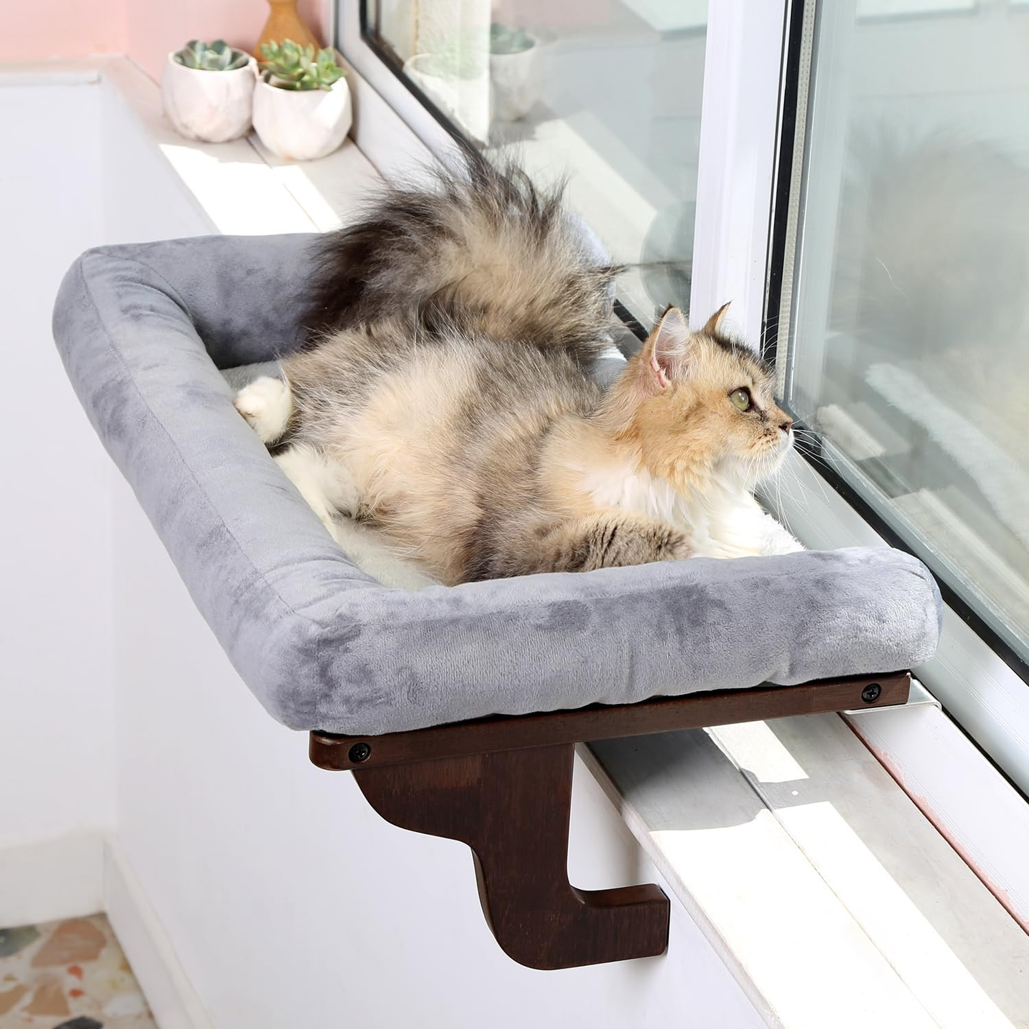 Cat Perch for Window Sill with Bolster - Orthopedic Hammock Design with Premium Hardwood & Robust Metal Frame - Cat Window Seat for Large Cats and Kittens - Dark Stained Wood with Gray Bed | Amazon (US)