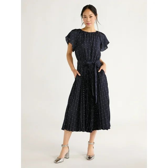 Free Assembly Women’s Pleated Midi Dress with Flutter Sleeves, Sizes XS-XXL | Walmart (US)