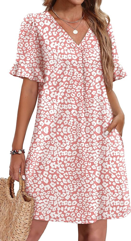 OFEEFAN Summer Dresses for Women Ruffle Short Sleeve V Neck Casual Shift Dress with Pockets | Amazon (US)