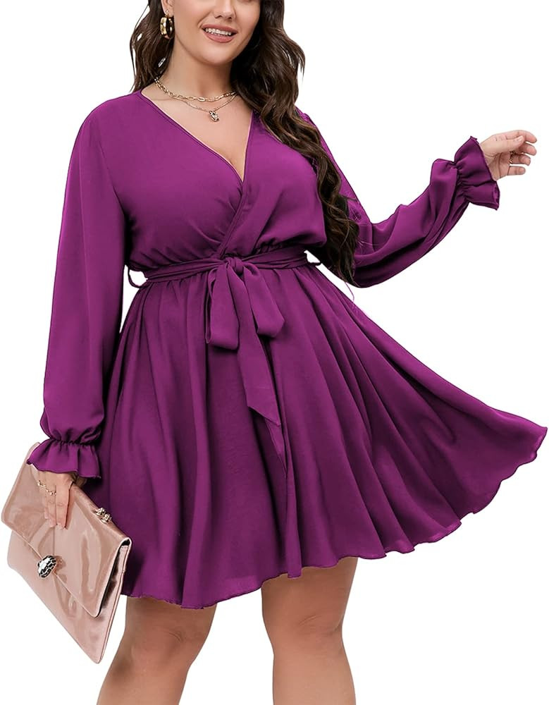 SCOMCHIC Women's Plus Size Long Sleeve Wrap V Neck Tie Waist A Line Mini Short Dress | Amazon (US)