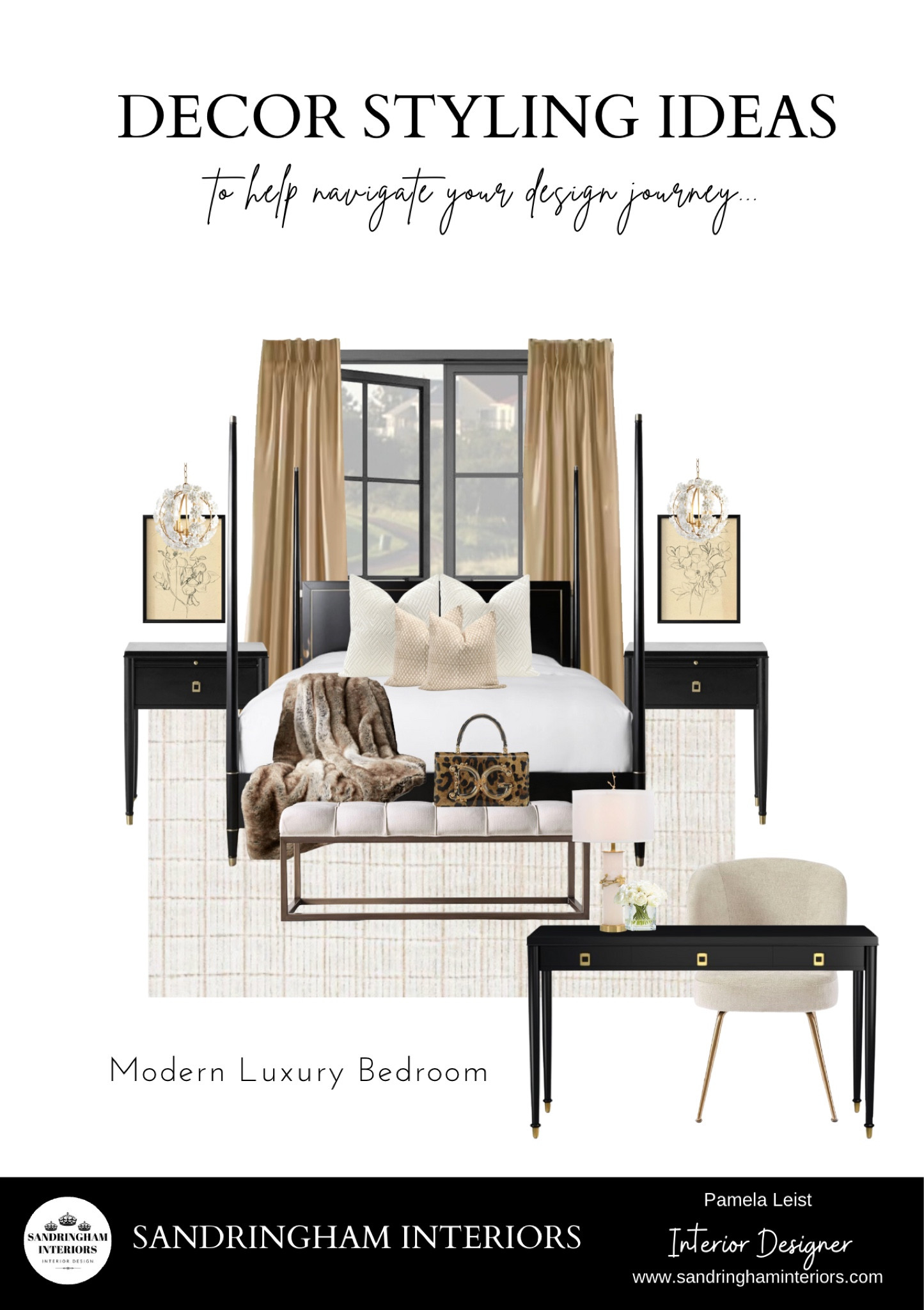 Modern Luxury Bedroom

Bed 
Poster Bed frame
Bedroom bench
Nightstands
Desk
Desk chair
Draperies
Pendant lights

#LTKGiftGuide #LTKhome