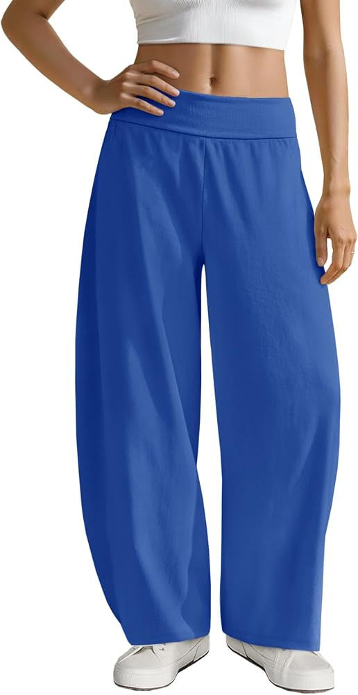 Comfy High Waisted Pants Elastic Waist Lounge Pants Lightweight Summer Pants Loose Travel Beach P... | Amazon (US)