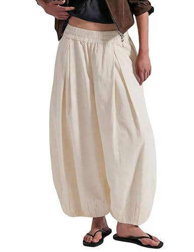 Xiaoxuemeng Baggy Wide Leg Pants Womens Cotton Barrel Pants High Waisted Balloon Pants with Pockets(0875-Beige-L) | Amazon (US)