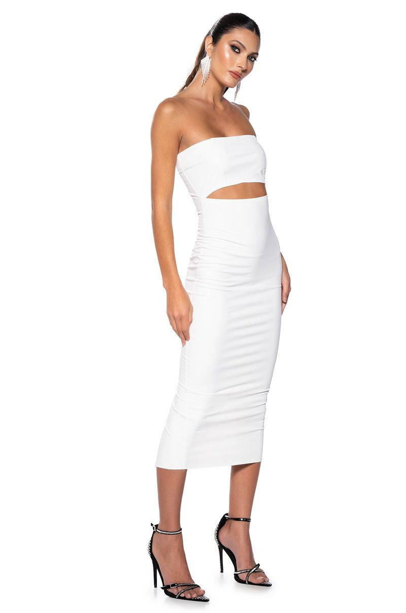 PRETTY LADY PLEATHER CUT OUT MIDI DRESS WITH 4 WAY STRETCH IN WHITE | AKIRA