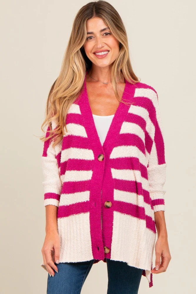 Magenta Textured Knit Striped Oversized Maternity Cardigan | PinkBlush Maternity