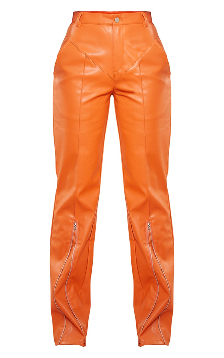 Orange Faux Leather Zip Seam Detail Straight Leg Pants | PrettyLittleThing US