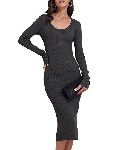 Rocorose Women's Knitted Midi Dress Ribbed Long Sleeve Stretch Slim Sweater Dress Grey M | Amazon (US)