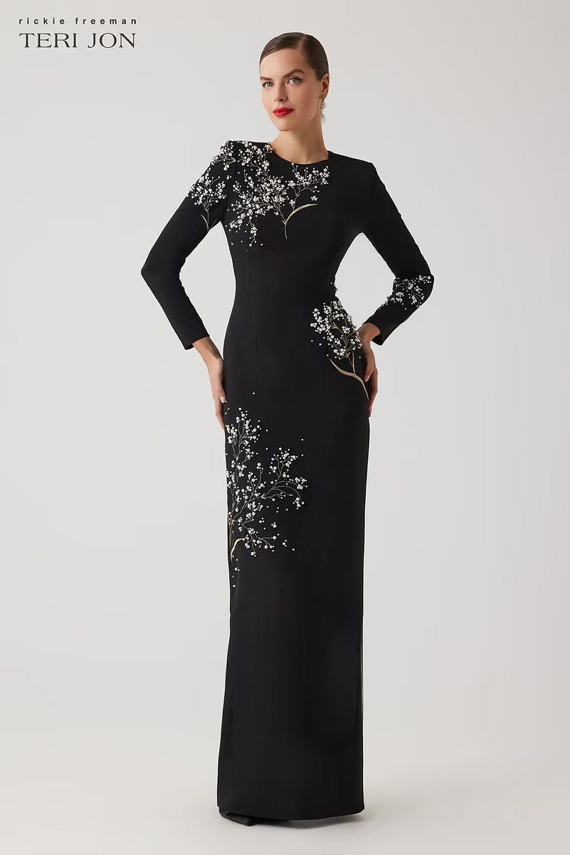 Crepe Floral Pearl Applique Gown | TERI JON