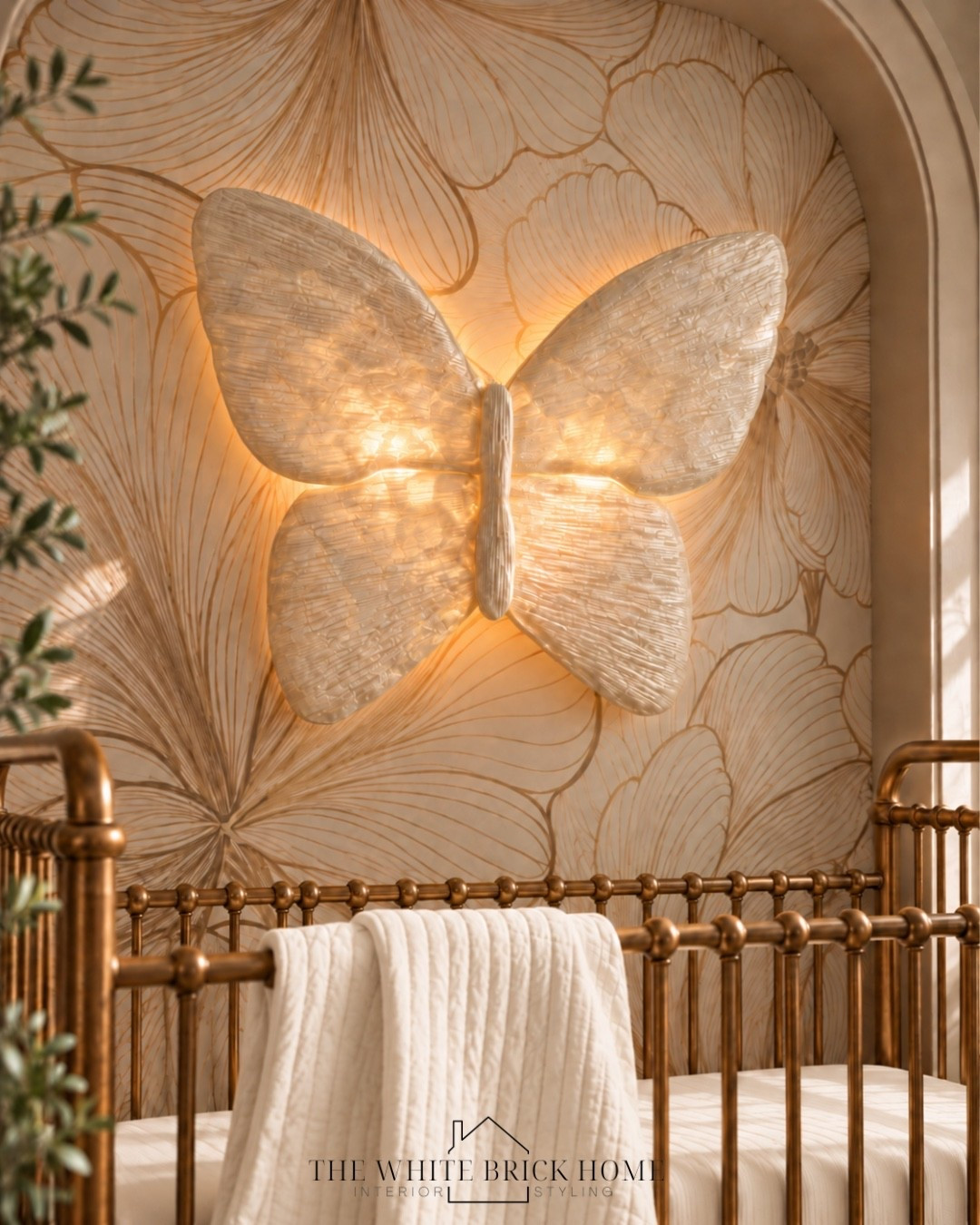A dreamy, designer inspired nursery where delicate florals, warm brass, and a glowing butterfly wall light create the sweetest little sanctuary. 

Nursery, nursery decor, nursery ideas, nursery crib, wallpaper, girls nursery, baby girl, baby girl nursery, nursery ideas, nursery design ideas, nursery rug, crib, gold crib, home decor, nursery design ideas, baby girl nursery, gold nursery, neutral nursery, butterfly nursery, nursery bedding, nursery ideas, nursery furniture, home decor, home design, nursery lighting, girls room, girls bedroom, kids room, kids bedroom, girls room decor, wayfair, pottery barn girls, pottery barn, Anthropologie, crate and barrel, crate and kids