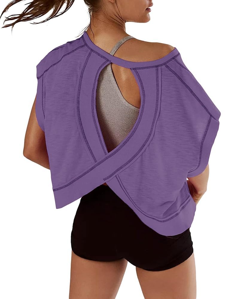 Women Short Sleeve Workout Shirts Open Back Tops Casual Yoga Y2k Athletic Gym Slouchy Crop Runnin... | Amazon (US)