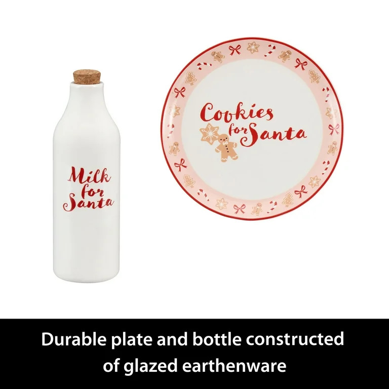 Holiday Time Multicolor Round Glazed Earthenware Ceramic Santa Cookie Plate with Corked Milk Bott... | Walmart (US)