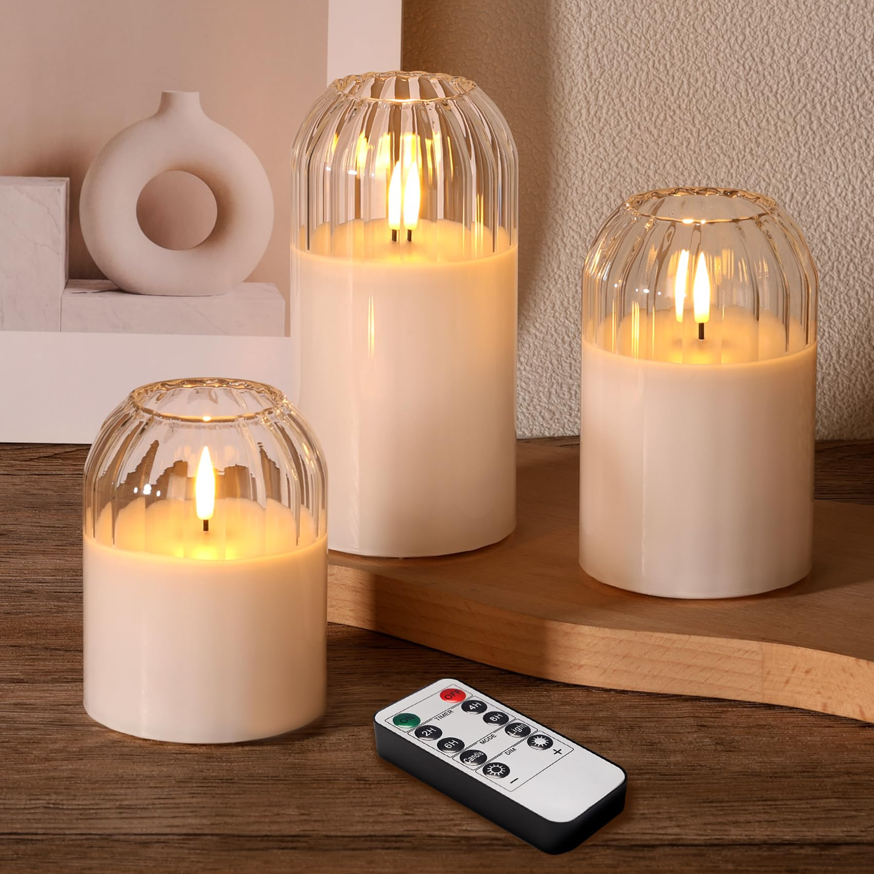 Clear Glass Flameless Candles with Remote, Real Wax Flickering Battery LED Pillar Candles Set of ... | Amazon (US)