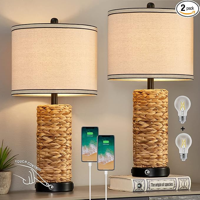 Touch Table Lamps Set of 2, 3-Way Dimmable Bedside Lamps Coastal Rattan Nightstand Lamp with 2 US... | Amazon (US)