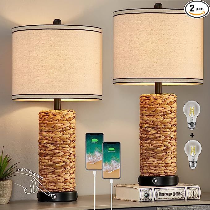 Touch Table Lamps Set of 2, 3-Way Dimmable Bedside Lamps Coastal Rattan Nightstand Lamp with 2 US... | Amazon (US)