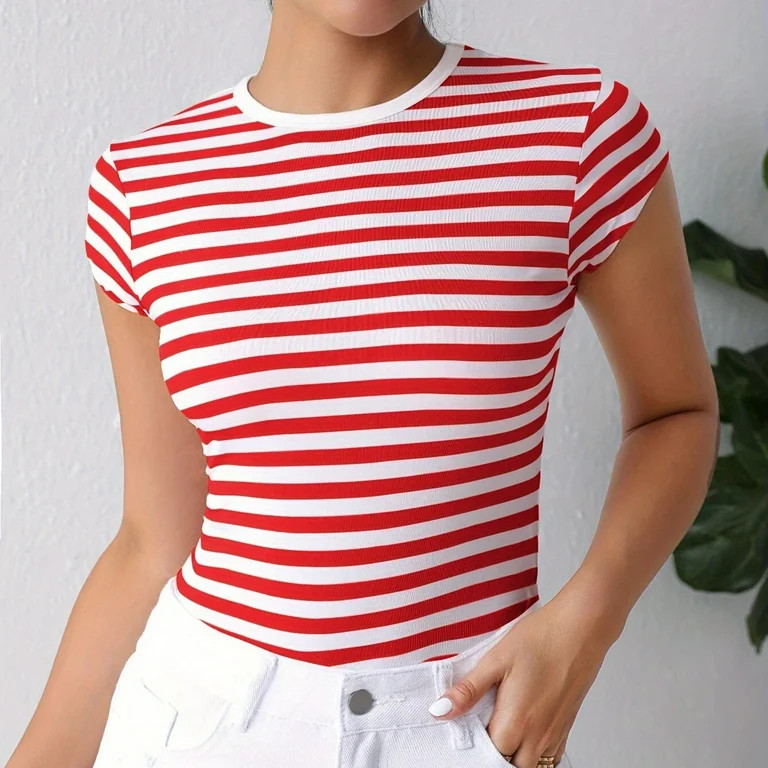 JIANJIA Tshirts For Women Striped Short Sleeve Round Neck Stripe Fitted Ribbed Stretchy Tops T Sh... | Walmart (US)