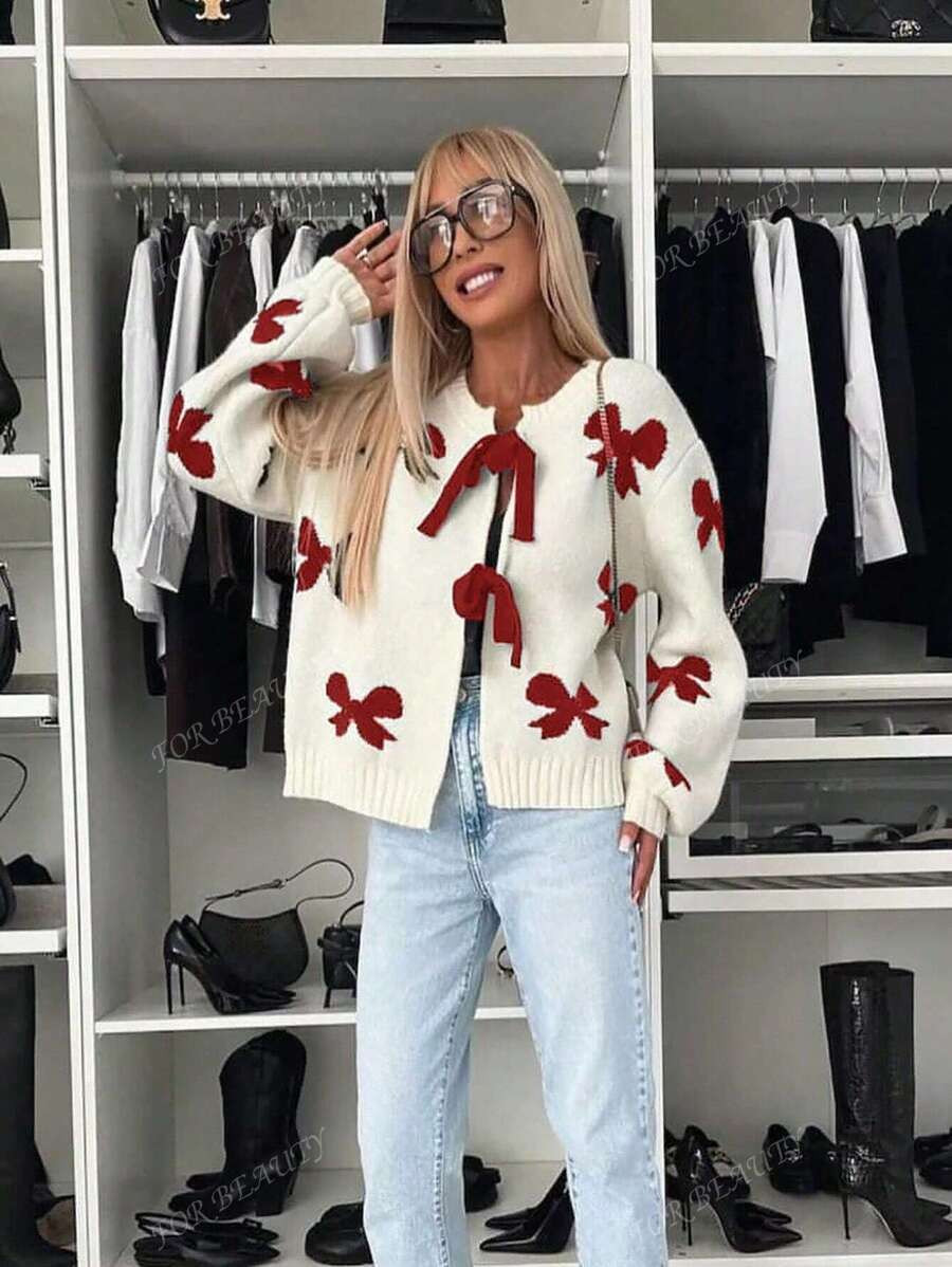 Autumn And Winter New Round Neck Bow Long-Sleeved Knitted Cardigan Ms. Loose Fashion Elegant Vers... | SHEIN