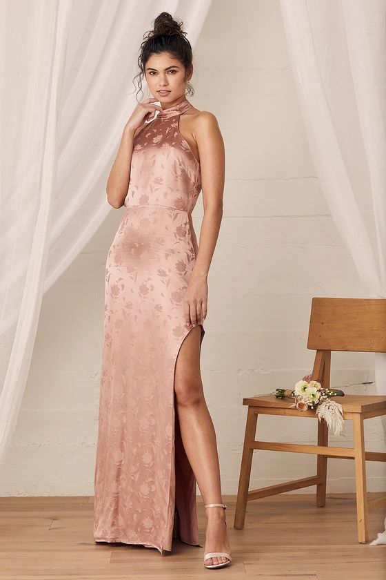 Red Carpet Ready Light Rose Floral Satin Jacquard Maxi Dress | Lulus (US)