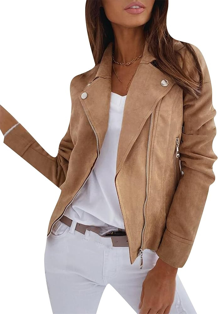 YMING Womens Faux Suede Lapel Collar Coats Fall Zipper Jackets Solid Color Moto Biker Coats | Amazon (US)
