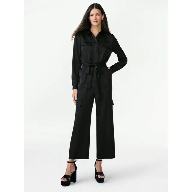 Scoop Women's Wide Leg Satin Jumpsuit with Cargo Pockets, Sizes XS-2XL | Walmart (US)