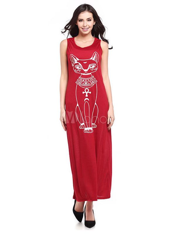 Red Maxi Dress Women's Round Neck Sleeveless Printed Cotton Long Dress | Milanoo