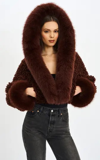 Miss Circle Cropped Kali Vegan Shearling Fur Hooded Jacket | Nordstrom | Nordstrom