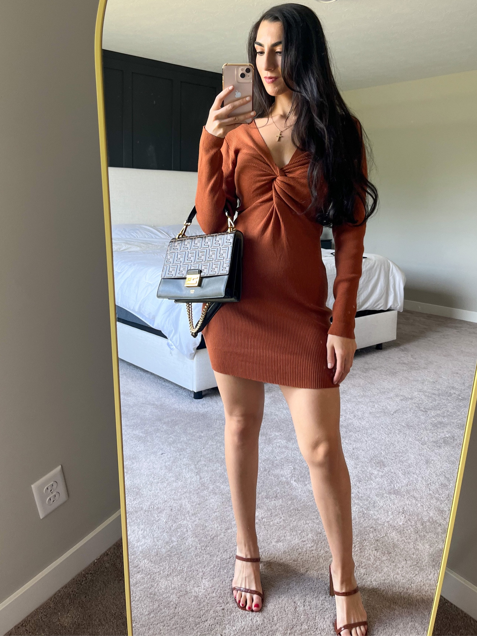 Twist front dress 
Amazon dress
Amazon rust colored sweater dress
