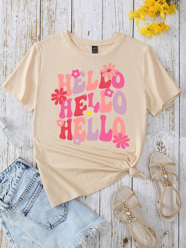 SHEIN LUNE Cute "HELLO" Pattern Printed Short Sleeve Peach T-Shirt For Women, Summer HELLO HELLO ... | SHEIN