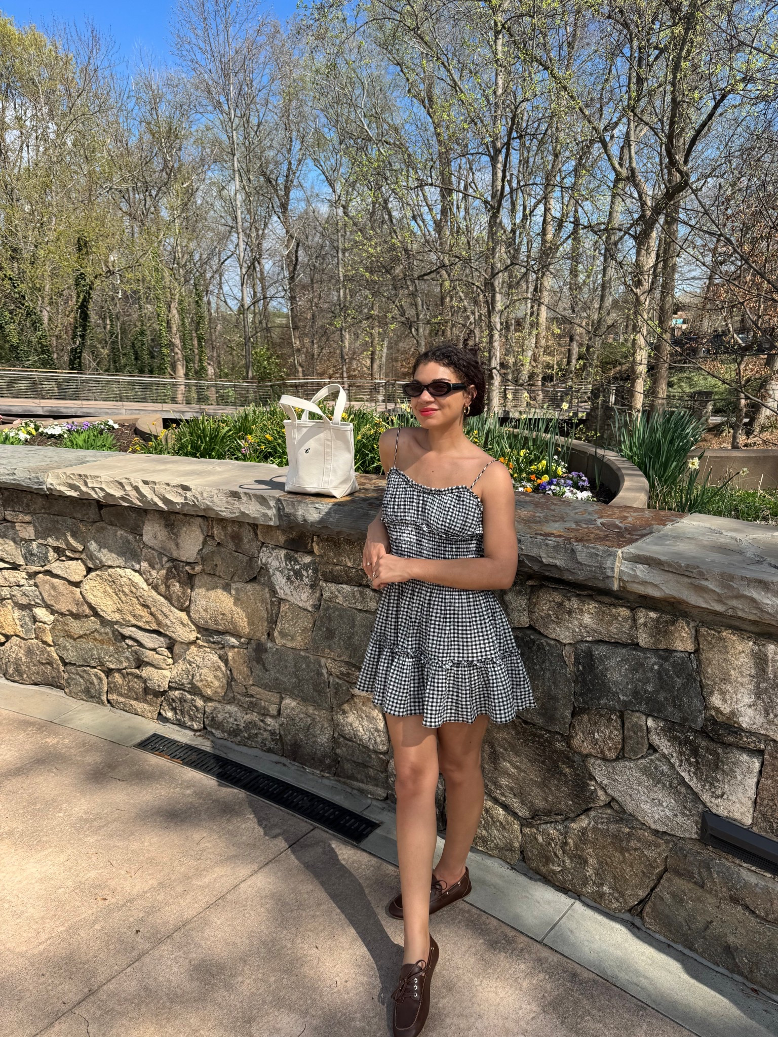 gingham dress, boat shoes, oval sunglasses, boat tote 

#LTKootd