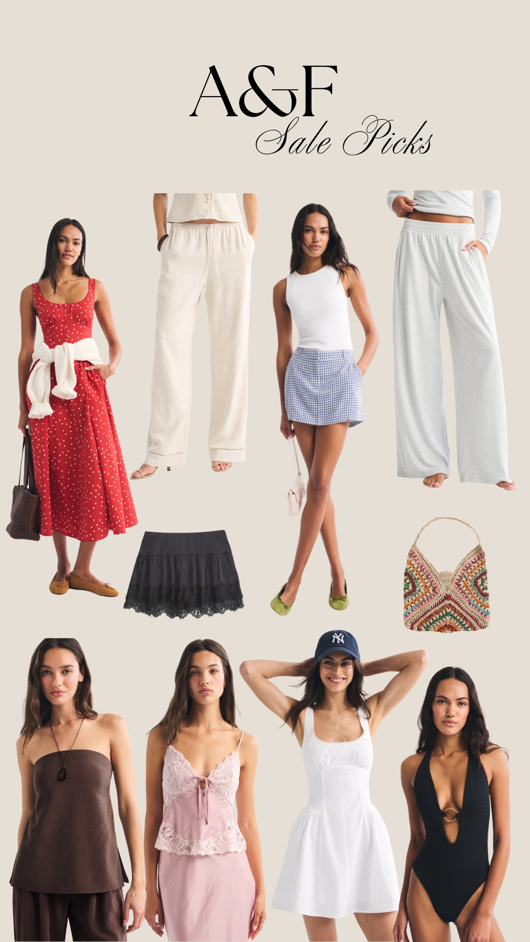 Use code AFXLTK for 20% off everything!

A&F sale picks, Abercrombie & Fitch, summer outfits, spring style, casual chic, red polka dot midi dress, linen pants, loungewear set, white ribbed tank, gingham mini skirt, wide leg sweatpants, black lace mini skirt, crochet shoulder bag, brown tube top, pink lace cami dress, white mini dress, black one piece swimsuit, resort wear, beach outfit, date night outfit, neutral basics, everyday outfits 

 #LTKxAFSale #LTKuk #LTKspring