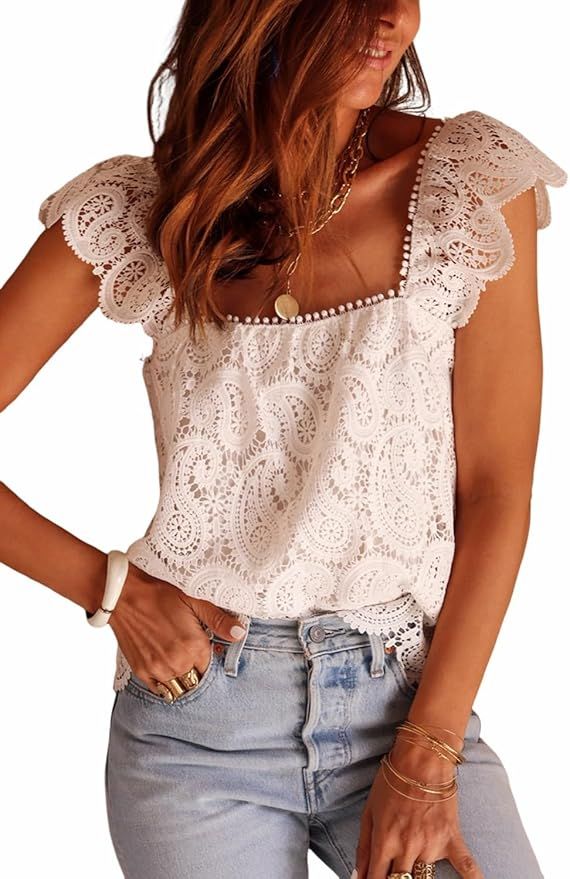 Womens White Lace Crochet Ruffled Square Neck Tank Top 2024 Summer T Shirts Sleeveless Casual Tun... | Amazon (US)