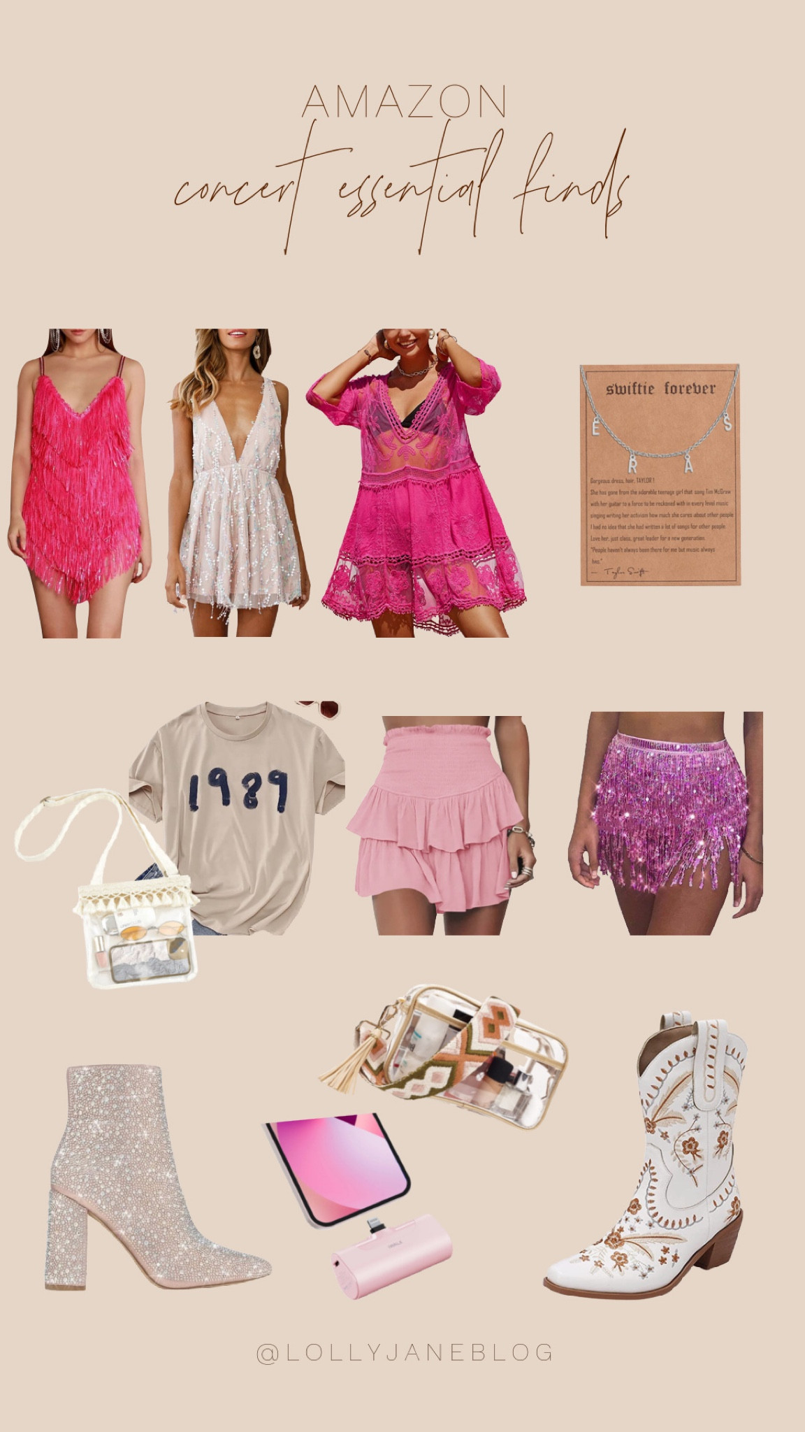 Taylor Swift Eras Tour Concert Outfit Ideas 🫶🏻✨
•
•
•
Taylor Swift Concert | Taylor Swift Outfit | Concert outfit | TSwift | Swiftie | 1989 album | clear bags | sparkle dress | cowboy boots | white cowboy boots | white cowgirl boots | pink skirt | pink mini skirt | pink sparkle skirt | soarkly dress | Eras necklace | portable charger | clear bag for concert | pink dress | champagne boots | sparkle boots | lollyjane finds | lolly jane faves | Lolly jane finds 

#LTKstyletip #LTKFind #LTKtravel