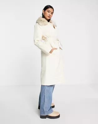 Fashion Union puffer coat with faux fur trim and belt | ASOS (Global)
