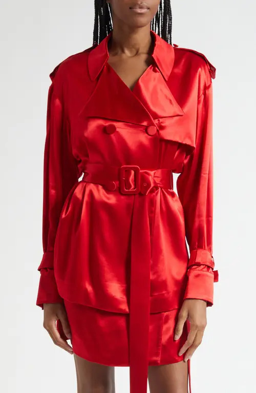 FERRAGAMO Long Sleeve Satin Trench Shirt in Dark Red at Nordstrom, Size 4 Us | Nordstrom